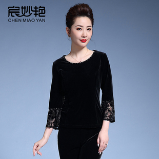 金丝绒上衣女款秋季阔太太t恤小衫洋气时尚百搭妈妈装打底衫