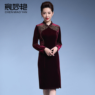 春秋新款女妈妈装金丝绒连衣裙中长款大码拼接修身婚宴礼服旗袍裙