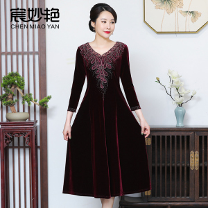 宸妙艳高贵优雅阔太太金丝绒连衣裙大码妈妈装修身显瘦气质A字裙