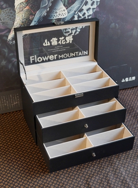 黑色大容量3层眼镜盒 pu皮革18位眼镜收藏收纳盒带玻璃天窗展示盒