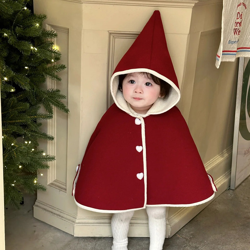 宝宝斗篷秋季洋气圣诞风婴幼儿保暖加绒外出防风披肩婴儿衣服冬季