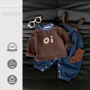 两件套婴儿衣服春季 早春宝宝套装 背带裤 洋气百搭婴幼儿打底衫 春款