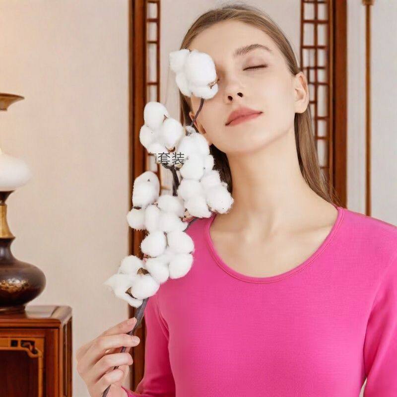 蕾丝圆领纯棉女士秋衣秋裤棉毛衫套装束身美体修身保暖内衣薄款