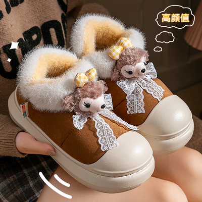 棉拖鞋女士冬季厚底可爱外穿防滑雪地靴加绒加厚居家保暖包跟棉鞋