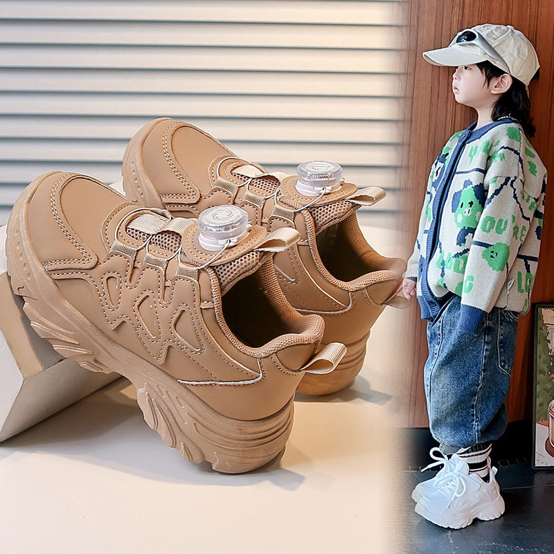 女童鞋子2025春秋新款旋转纽扣儿童白色运动鞋皮面防水学生小白鞋