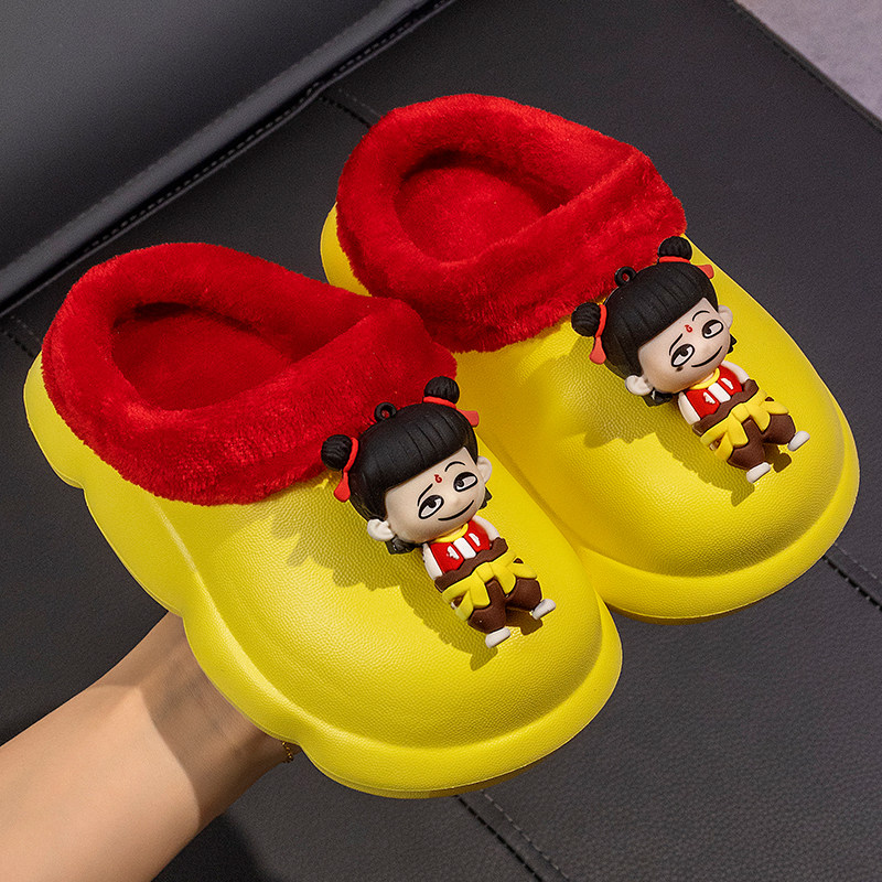 哪吒儿童棉鞋冬季男童室内防滑防水踩屎感包跟亲子可爱居家棉拖鞋