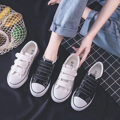 2023新款子女百搭学生高颜值校园魔术贴帆布鞋女生平底黑色布鞋