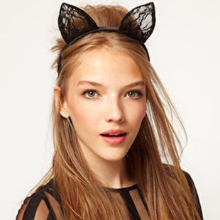 性感 lady gaga 蕾丝猫耳朵 兔耳朵发箍黑色白色蕾丝头箍饰品