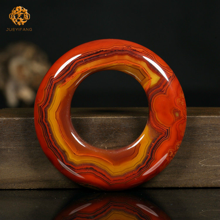 珏艺坊宣化战国红玛瑙精品大尺寸艳红黄封闭缠丝平安环扣 HD5402