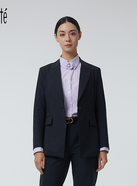 Lovete通勤时髦黑色精纺羊毛经典领西装外套气质职业西服套装女