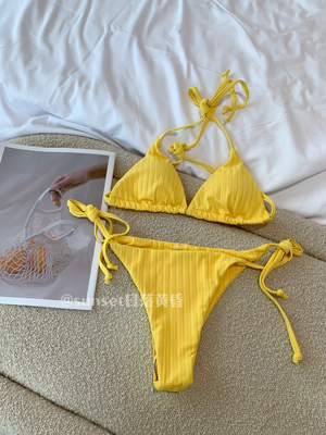 Sunset日落黄昏柠檬黄纯色螺纹面料泳装三角绑带比基尼度假泳衣