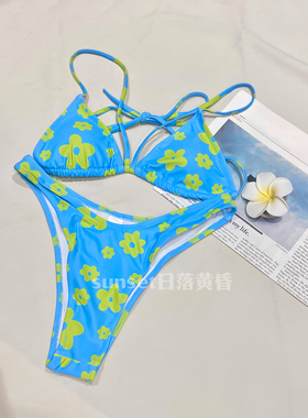夏日印花比基尼博主蓝色绑带三点式bikini冲浪泳衣女辣妹三亚度假