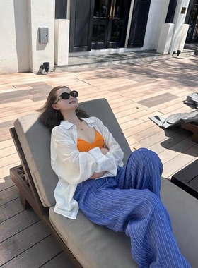 海边度假风罩衫白色长袖微透防晒衬衫女夏季韩版宽松百搭休闲上衣