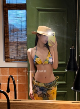 Sunset日落黄昏新款柠檬豹纹比基尼度假风印花网纱三件套显白泳装