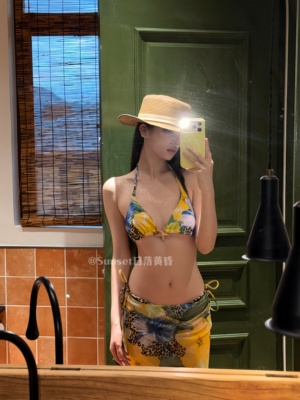Sunset日落黄昏新款柠檬豹纹比基尼度假风印花网纱三件套显白泳装