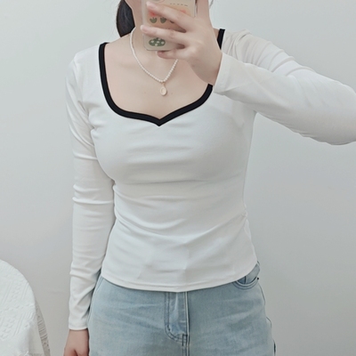方领打底衫女内搭可外穿2025新款春秋季白色长袖t恤修身低领上衣