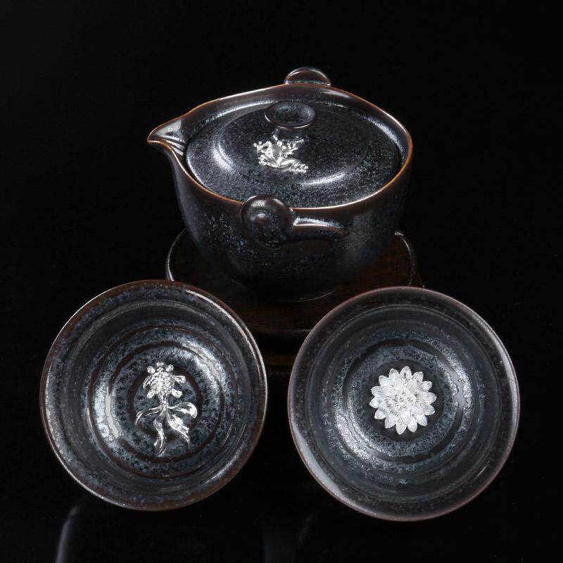 甲盏窑 李甲栈天目茶具套装七彩银茶壶茶杯功夫茶具套装