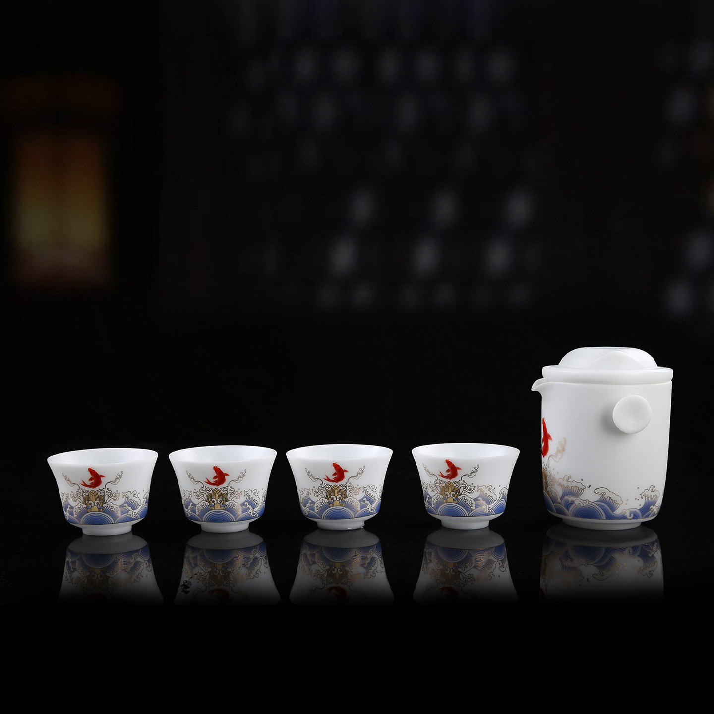 甲盏窑 李甲栈白瓷转运锦鲤旅行茶具一壶四杯便捷户外功夫泡茶