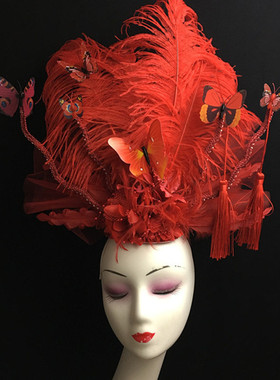 新品中国风红色个性羽毛蝴蝶流苏 舞台模特走秀彩妆创意造型头饰