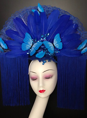 复古中国风舞台T台走秀夸张扇子头饰红色羽毛蝴蝶创意造型发饰