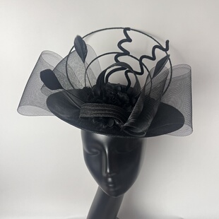 千人千面新款黑色网纱羽毛花朵高级感女士礼服头饰舞台走秀发饰女