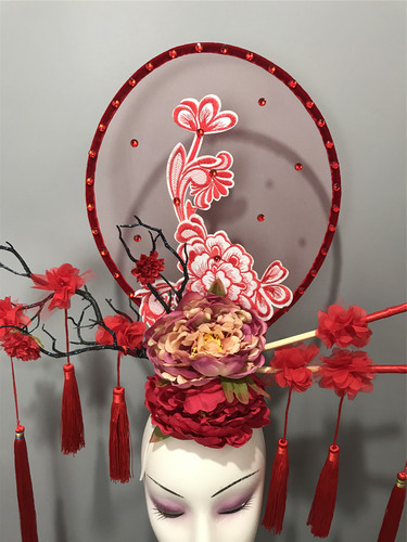 原创年新款红色中国风模特舞台走秀造型个性刺绣流苏秀禾花朵头饰