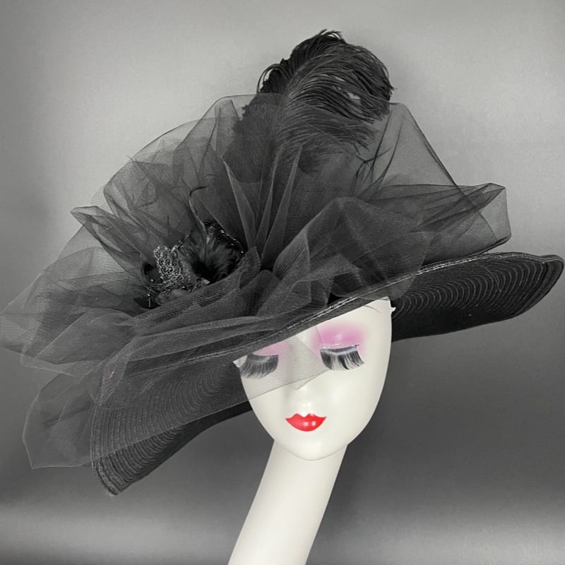 神秘复古黑色头纱羽毛花朵名媛女士礼服舞会派对走秀创意造型头饰