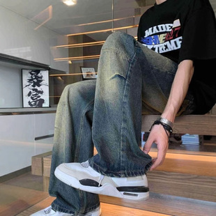 【U潮】潮仑布高腰牛仔裤男款阔腿长筒裤男士休闲裤美式高街vibe