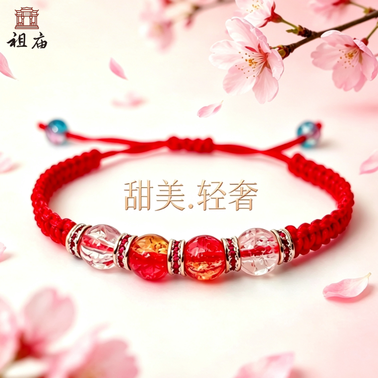 祖庙轻奢爆花水晶红手绳女生旺桃绳