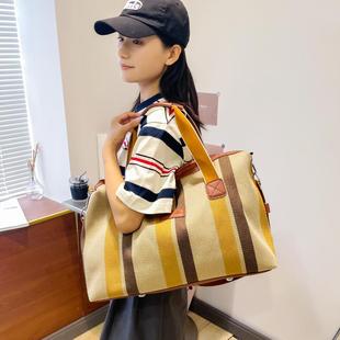 条纹复古短期外出旅行包女轻便手提行李包大容量帆布旅游包旅行袋