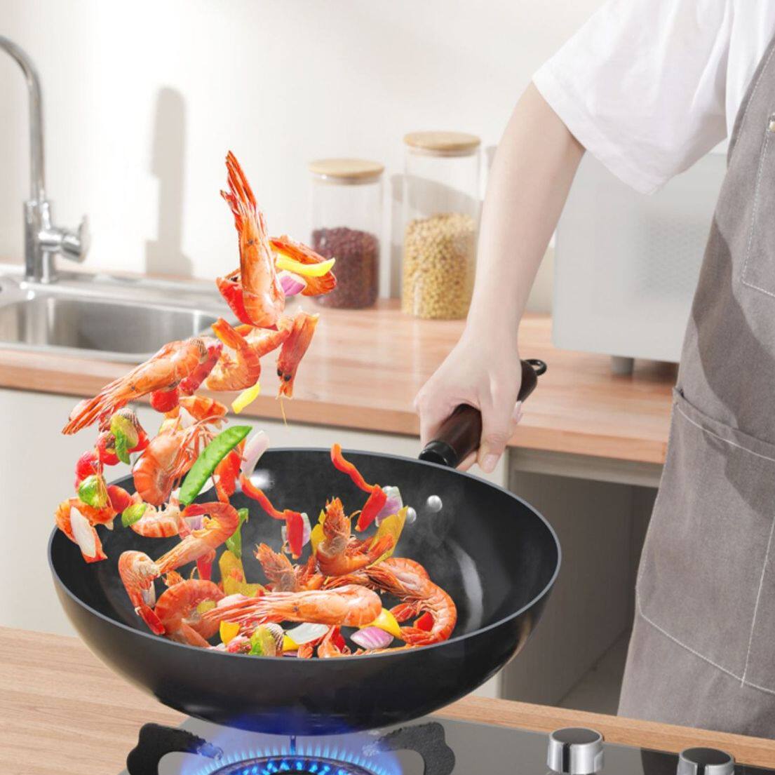 家用铁锅炒菜锅窒氮不易锈无涂层炒锅不粘锅轻便熟铁锅燃气灶专用