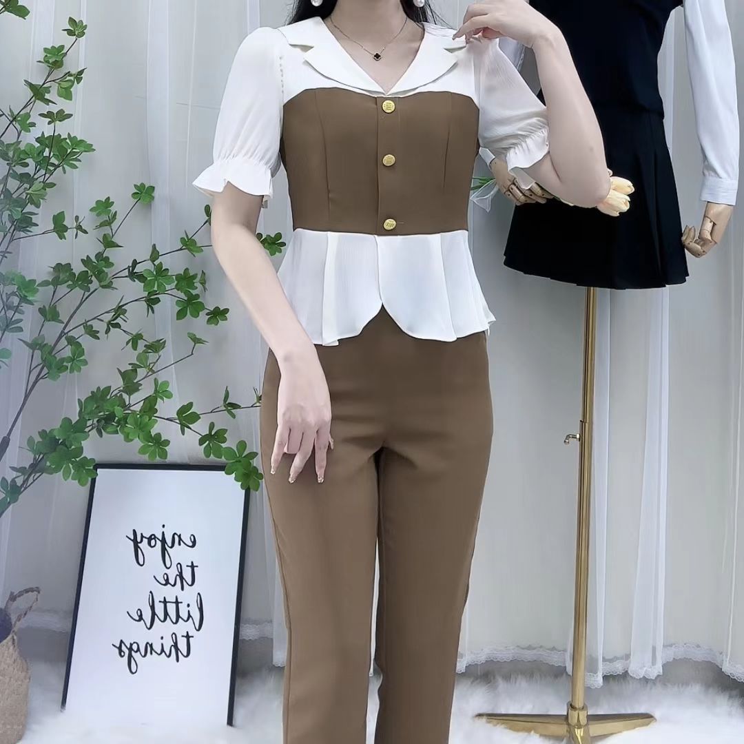 女士时尚休闲套装2025夏季新款高级感撞色拼接短袖上衣裤子两件套