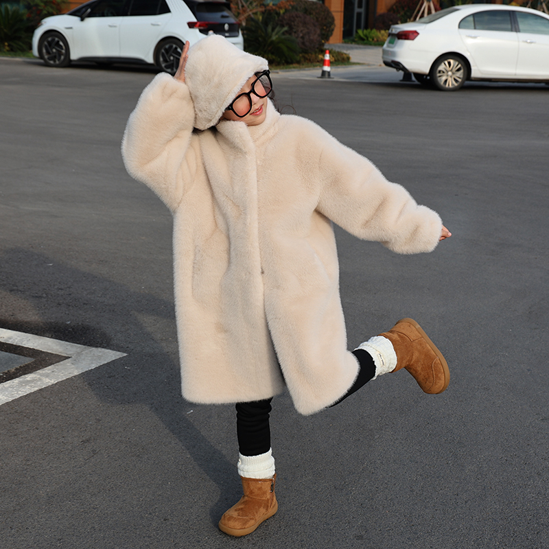 女童毛毛外套皮毛一体冬季女宝仿皮草水貂毛棉袄中长款大衣送帽子