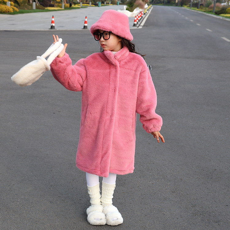 女童毛毛外套环保仿水貂毛皮毛一体冬季女宝棉袄中长款大衣送帽子