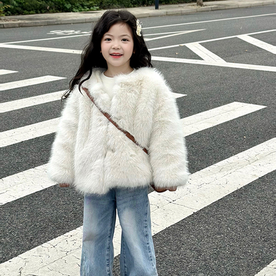 儿童秋冬水貂毛皮毛一体加绒加厚韩版环保外套毛毛衣女童皮草大衣