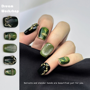 【精灵铀矿】纯手工穿戴甲短款春日绿猫眼日常简约显白气质美甲片