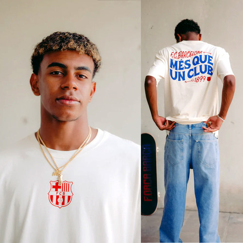 巴萨西甲夺冠同款短袖T恤 亚马尔 拉菲尼亚 克鲁伊夫同款圆领纯棉