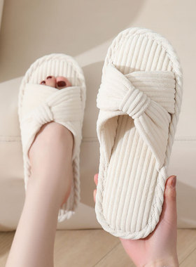 25新款灯芯绒室内秋冬季女款家居家情侣棉拖鞋交叉露脚趾保暖简约