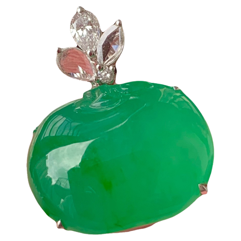 缅甸A货翡翠冰种满绿辣绿苹果吊坠18k金镶嵌玉坠子送女友礼物正品