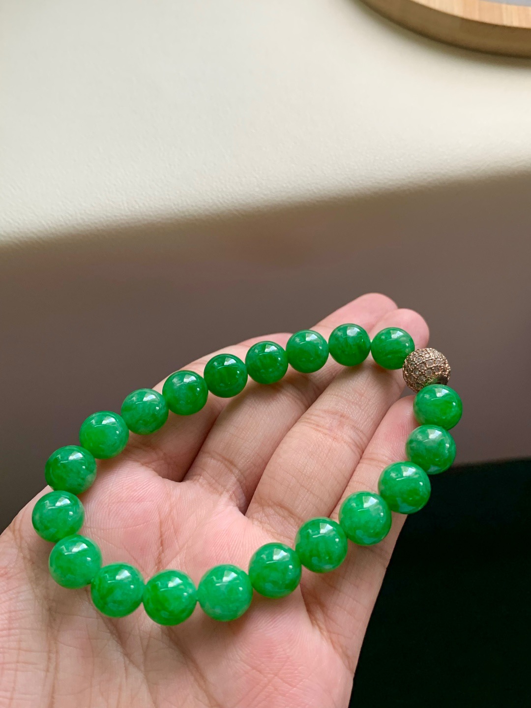 纯天然缅甸A货翡翠冰种满绿色圆珠手链冰种飘花玉石玉珠子手串