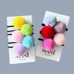 Seed可爱女孩毛球皮筋彩虹色系Pom Pom发绳发圈马尾绳儿童外贸Ins
