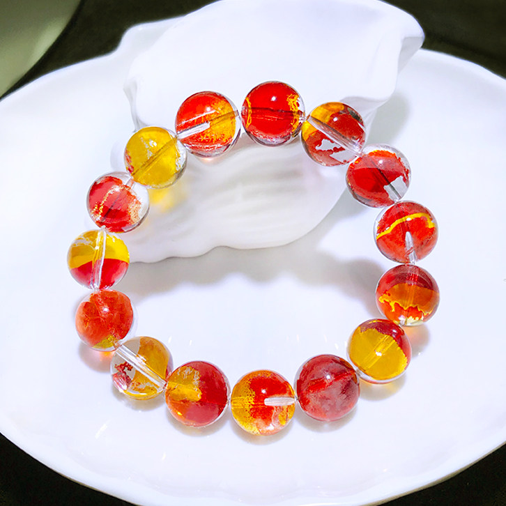 收藏级天然锦鲤胶花水晶手链冰种通透清新百搭男女饰品黄胶花手串