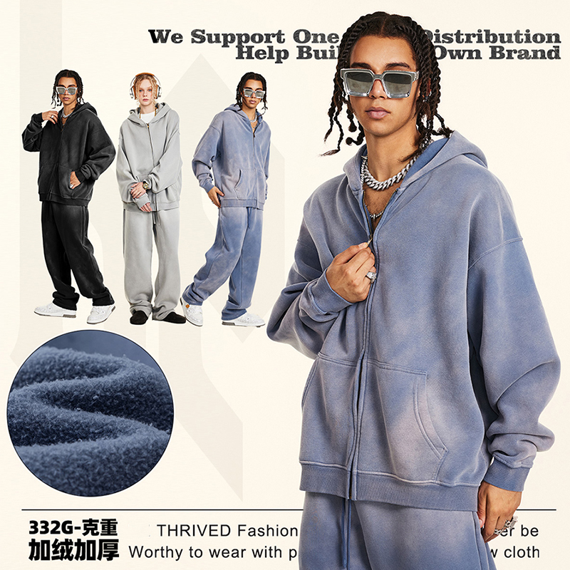 运动外套装加绒保暖防寒332g抓绒重工喷马骝拉链连帽衫男女os卫衣