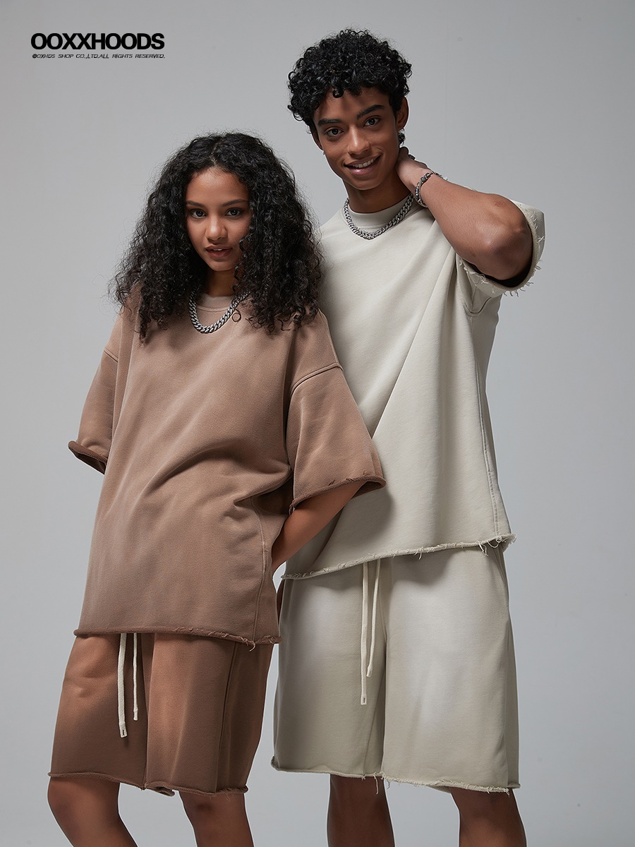 喷染泛白洗水做旧轻磨毛短袖360g纯色运动休闲套装宽松os落肩T恤