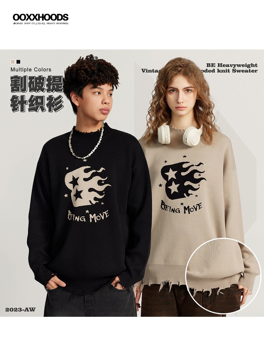 慵懒风秋冬欧美潮流割破冻流苏个性提花圆领毛衣oversize针织衫潮