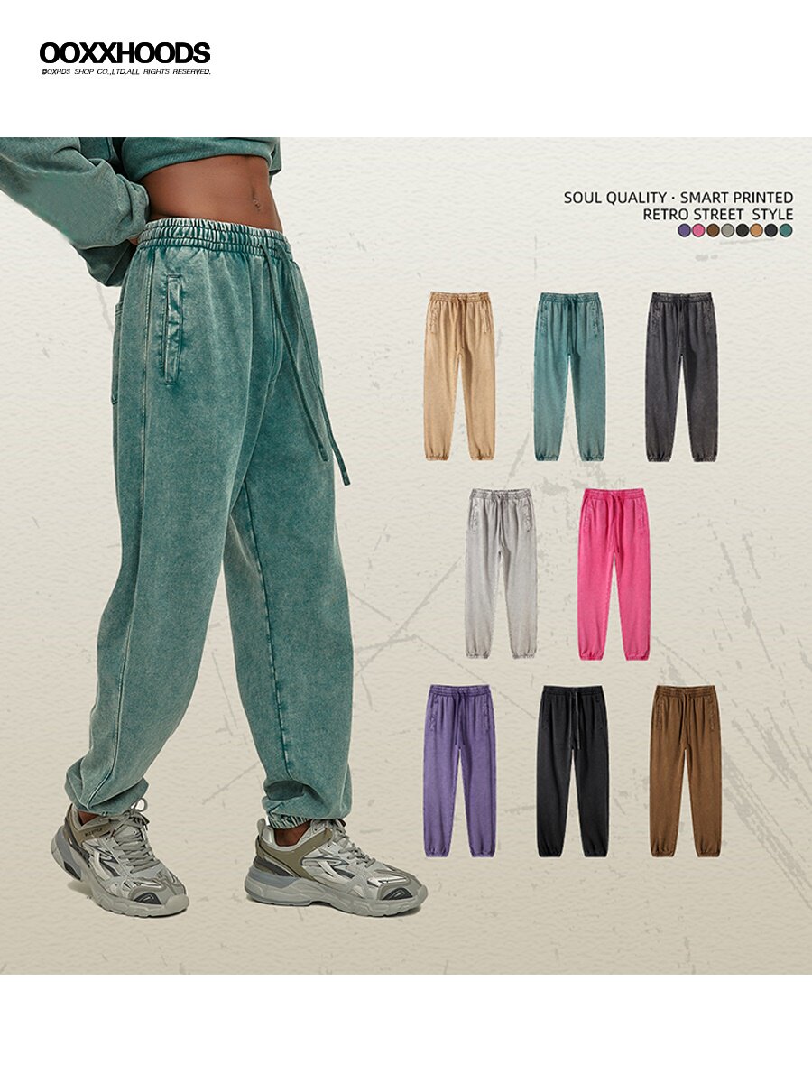 ins男女运动休闲套装纯色洗水蜡染420g纯棉长裤潮牌原创个性街头