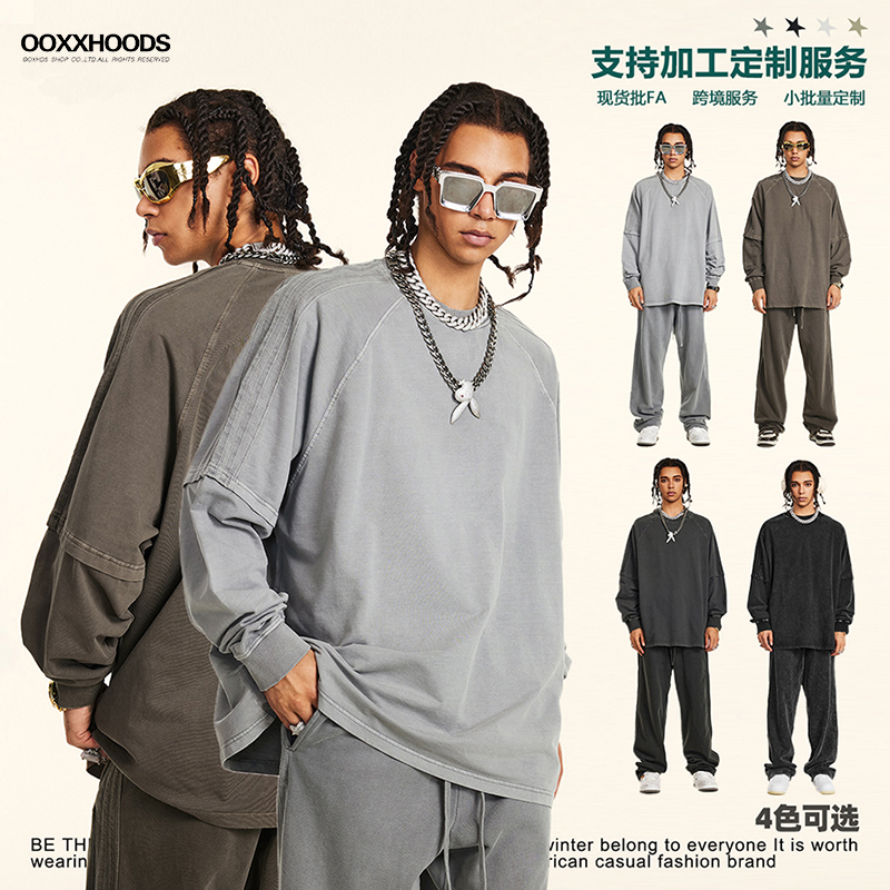 假两件三道杠长袖T恤260g重磅宽松身os袖口磨边做旧运动打底长tee