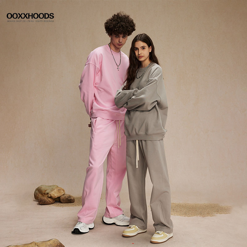 特变剪裁拼接微喇叭长裤430g高品质抽绳定制加logo潮运动休闲套装