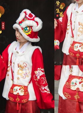 马年新款汉服包女孩子新春喜庆红包儿童包男孩斜挎包古风压岁钱包