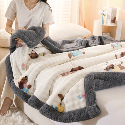卡通双层兔毛绒毛毯秋冬季加厚加绒盖毯珊瑚绒夹棉毯子防静电被子